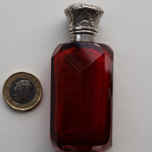 Load image into Gallery viewer, 1902. Antique EDWARDIAN Facet Cut Ruby Glass and Hallmarked Silver Topped Perfume Bottle
