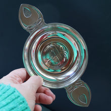 Load image into Gallery viewer, Contemporary Scottish Collectables. &quot;Dimple&quot; Round Hip Flask &amp; Pewter Rennie Mackintosh Quaich. Both Boxed
