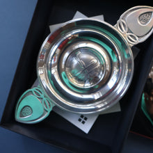 Load image into Gallery viewer, Contemporary Scottish Collectables. &quot;Dimple&quot; Round Hip Flask &amp; Pewter Rennie Mackintosh Quaich. Both Boxed
