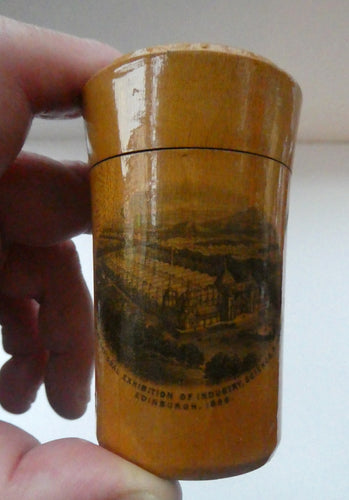 Antique 19th Century MAUCHLINE Ware Glass Tumbler Box. Scottish International Exhibition Edinburgh 188