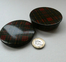Load image into Gallery viewer, Antique Victorian Scottish Mauchline Ware TARTANWARE Circular Box. McBeth Tartan
