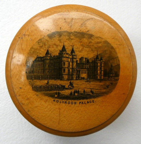 Antique SCOTTISH 19th Century MAUCHLINE Ware Trinket Box (c 1880), with an image of Holyrood Palace