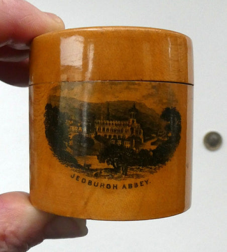 Antique 19th Century MAUCHLINE Ware Thread Box. SCOTTISH BORDERS Interest. Jedburgh Abbey