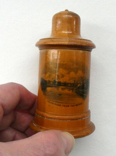 Antique 19th Century MAUCHLINE Ware Glass Tumbler Box. SCOTTISH BORDERS Interest. Coldstream from the Bridge
