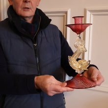 Load image into Gallery viewer, LARGE Vintage VENETIAN Glass Candlestick with Dolphin Detail &amp; Gold Aventurine Flecks. Attributed to Salviati. 10 1/4 inches
