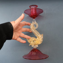 Load image into Gallery viewer, LARGE Vintage VENETIAN Glass Candlestick with Dolphin Detail &amp; Gold Aventurine Flecks. Attributed to Salviati. 10 1/4 inches
