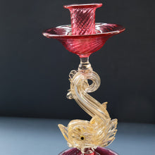 Load image into Gallery viewer, LARGE Vintage VENETIAN Glass Candlestick with Dolphin Detail &amp; Gold Aventurine Flecks. Attributed to Salviati. 10 1/4 inches
