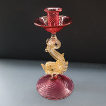 Load image into Gallery viewer, LARGE Vintage VENETIAN Glass Candlestick with Dolphin Detail &amp; Gold Aventurine Flecks. Attributed to Salviati. 10 1/4 inches
