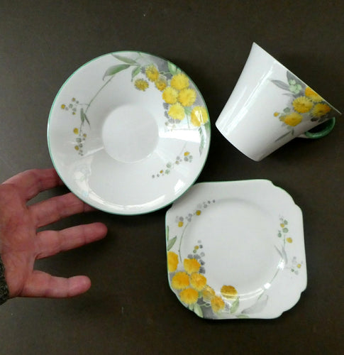 SHELLEY 1930s Art Deco TRIO (Cup, Saucer & Side Plate). Regal Acacia Pattern with Yellow Flowers