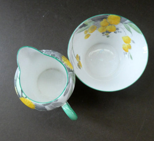 SHELLEY 1930s Art Deco Milk Jug and Open Sugar Bowl. Regal Acacia Pattern with Yellow Flowers