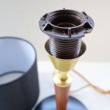 Load image into Gallery viewer, Stylish Vintage Scandinavian Style Turned Teak &amp; Brass Table Lamp with Button On / Off Switch on the base
