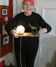 Load image into Gallery viewer, Original 1930s ART DECO Lamp. Roe Deer with Crackle Glass Shade &amp; Black Marble
