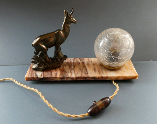 Original 1930s ART DECO Lamp. Roe Deer with Crackle Glass Shade & Black Marble