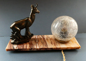 Original 1930s ART DECO Lamp. Roe Deer with Crackle Glass Shade & Black Marble