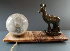 Original 1930s ART DECO Lamp. Roe Deer with Crackle Glass Shade & Black Marble