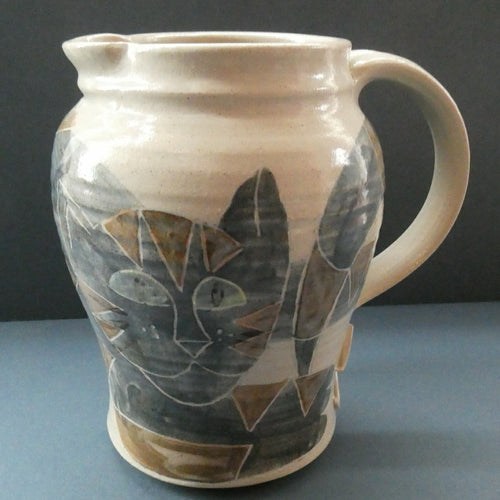 1992 STUDIO POTTERY Jug by Irma Demianczuk. Decorated with Cats and Mouse Motifs