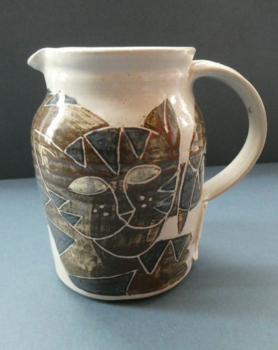1986 Scottish STUDIO POTTERY Jug by Irma Demianczuk. Decorated with Cats and Mouse Motifs