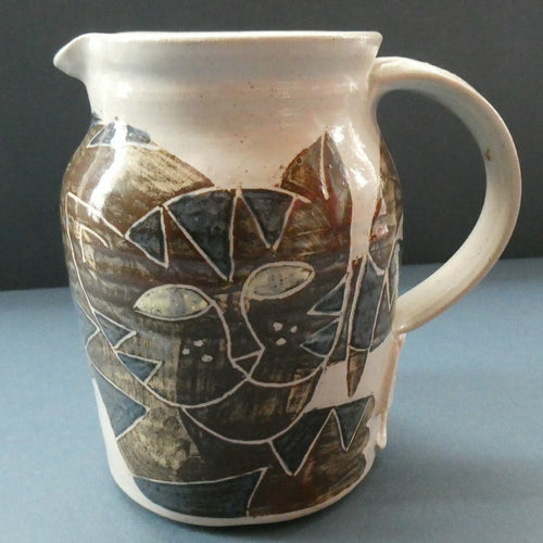 1986 Scottish STUDIO POTTERY Jug by Irma Demianczuk. Decorated with Cats and Mouse Motifs