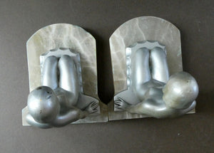 Frankart Cast Metal 1920s Art Deco Nude Ladies Bookends. Alabaster Base