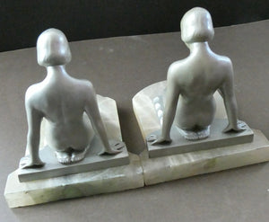Frankart Cast Metal 1920s Art Deco Nude Ladies Bookends. Alabaster Base