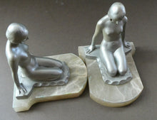 Load image into Gallery viewer, Frankart Cast Metal 1920s Art Deco Nude Ladies Bookends. Alabaster Base
