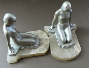 Frankart Cast Metal 1920s Art Deco Nude Ladies Bookends. Alabaster Base