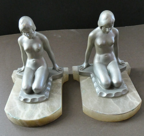Frankart Cast Metal 1920s Art Deco Nude Ladies Bookends. Alabaster Base