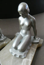 Load image into Gallery viewer, Frankart Cast Metal 1920s Art Deco Nude Ladies Bookends. Alabaster Base
