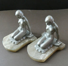 Load image into Gallery viewer, Frankart Cast Metal 1920s Art Deco Nude Ladies Bookends. Alabaster Base
