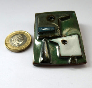 Vintage 1980s Handmade Ceramic Brooch. Signed BARCLAY. Design with Two Abstract Birds