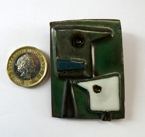 Vintage 1980s Handmade Ceramic Brooch. Signed BARCLAY. Design with Two Abstract Birds