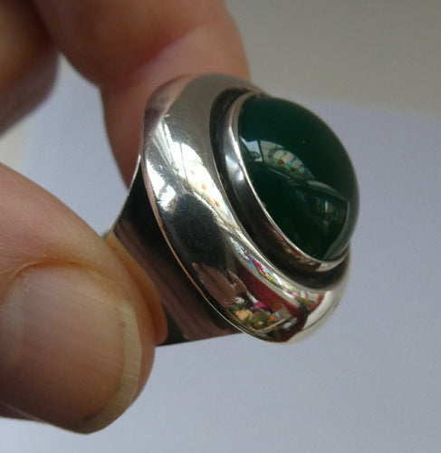 1950s / 1960s Danish Silver and Green Agate Ring by Niels Erik From. Size M