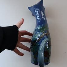 Load image into Gallery viewer, Large ANTIQUE CH Brannam Pottery, Barnstaple, Devon Model of a Seated Cat with Original Yellow Glass Eyes
