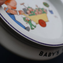 Load image into Gallery viewer, 1930s SHELLEY POTTERY Mabel Lucie Attwell Heavy Baby Plate. Gardening Image with Boo Boos in Wheelbarrow
