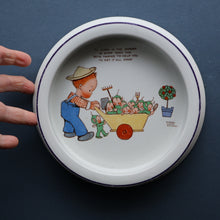 Load image into Gallery viewer, 1930s SHELLEY POTTERY Mabel Lucie Attwell Heavy Baby Plate. Gardening Image with Boo Boos in Wheelbarrow
