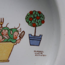Load image into Gallery viewer, 1930s SHELLEY POTTERY Mabel Lucie Attwell Heavy Baby Plate. Gardening Image with Boo Boos in Wheelbarrow
