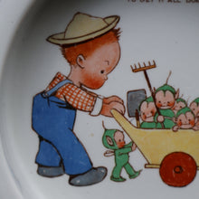 Load image into Gallery viewer, 1930s SHELLEY POTTERY Mabel Lucie Attwell Heavy Baby Plate. Gardening Image with Boo Boos in Wheelbarrow
