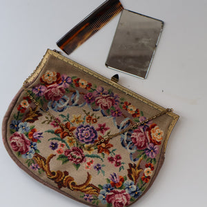 Vintage 1940s British PETIT POINT Beige Tapestry Handbag or Evening Bag with Pink Roses Design. Good Condition