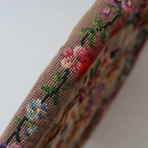 Vintage 1940s British PETIT POINT Beige Tapestry Handbag or Evening Bag with Pink Roses Design. Good Condition
