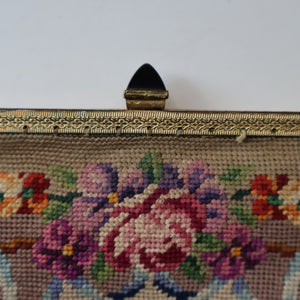 Vintage 1940s British PETIT POINT Beige Tapestry Handbag or Evening Bag with Pink Roses Design. Good Condition
