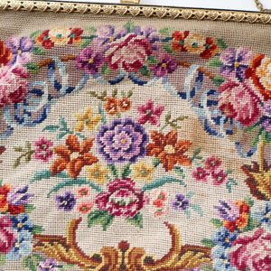 Vintage 1940s British PETIT POINT Beige Tapestry Handbag or Evening Bag with Pink Roses Design. Good Condition