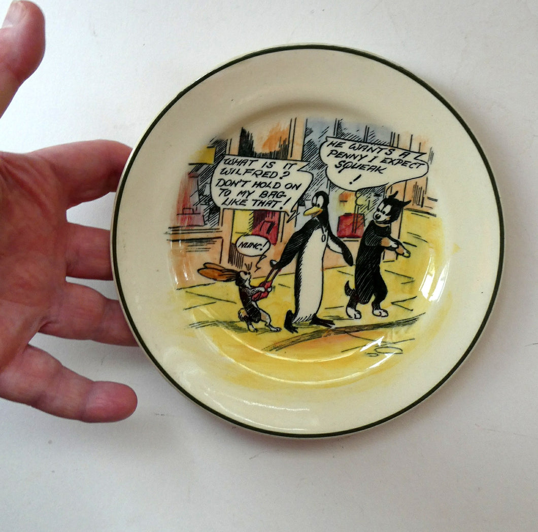 COLOURED.  1920s Royal Doulton Daily Mirror Pip, Squeak & Wilfred Side Plate. 6 1/2 inches diameter. EXTREMELY RARE