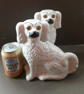 Staffordshire Dogs Chimney Spaniels / Wally Dugs. 8 1/2 inches. ANTIQUE PAIR with amber glass eyes; c1880