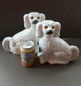 Staffordshire Dogs Chimney Spaniels / Wally Dugs. 8 1/2 inches. ANTIQUE PAIR with amber glass eyes; c1880