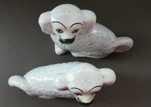 Staffordshire Dogs Chimney Spaniels / Wally Dugs. 8 1/2 inches. ANTIQUE PAIR with amber glass eyes; c1880