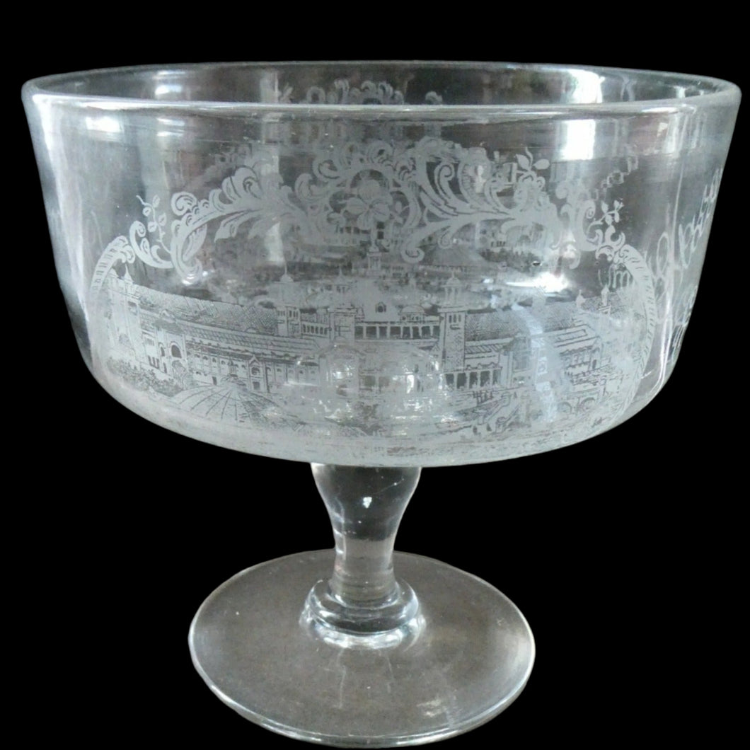 1901 Glasgow International Exhibition Antique Glass Souvenir Footed Sundae Dish