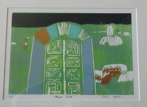 Thora Clyne 1980s Colour Woodcut of a Landscape in Serbia