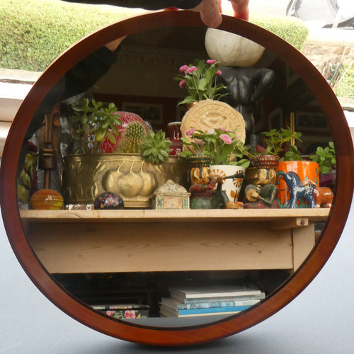 1960s TEAK Round Wall Mirror. Quality British-Made ROWLEY Productions Design