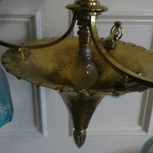 Load image into Gallery viewer, Antique ARTS AND CRAFTS Brass Chandelier Pendant Light Fitting with Three Blue Shades
