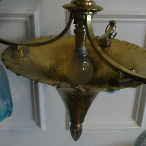 Antique ARTS AND CRAFTS Brass Chandelier Pendant Light Fitting with Three Blue Shades